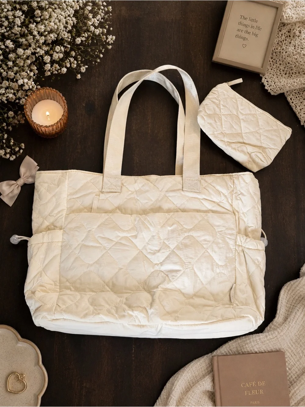 Women’s Tote Bag Cream Light Quilted Puffy, Shoulder Bag for Work Travel Laptop
